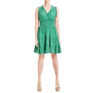 Max Studio Sleeveless Short Smocked Dress Cotton Blend Green White Large